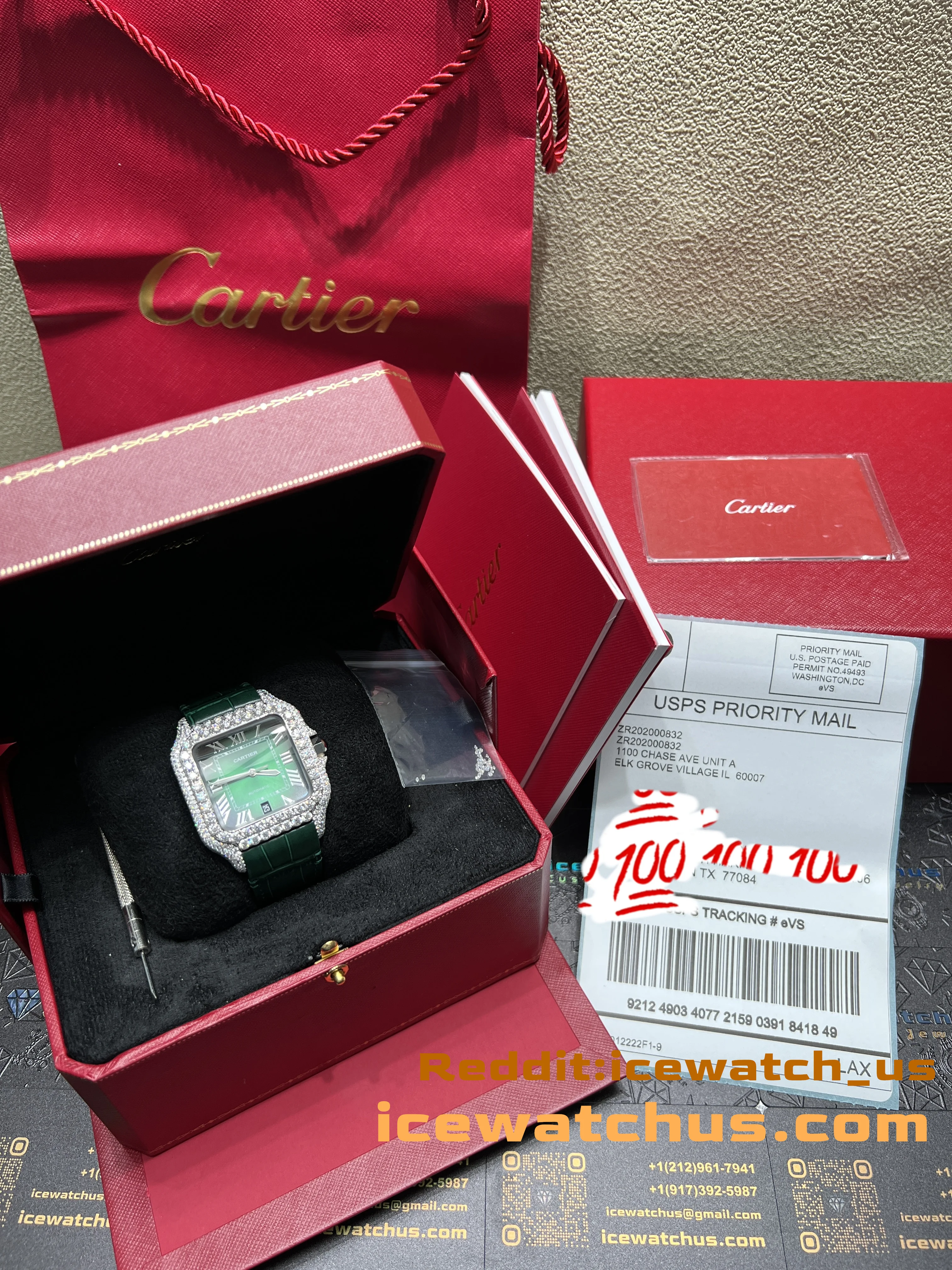Santos de Cartier Icedout Watch with Green Dial