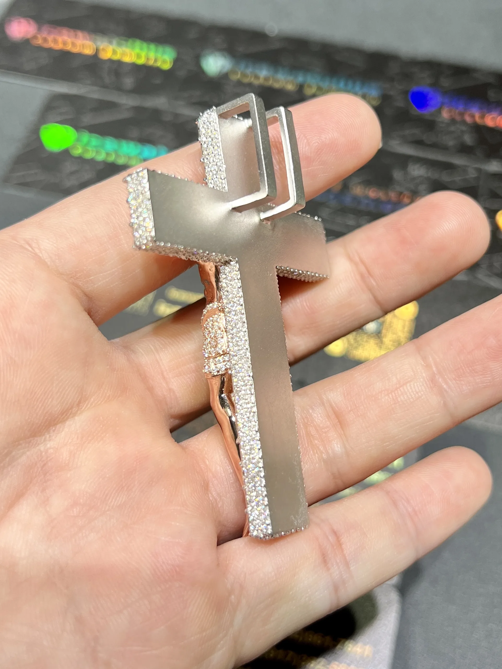 0093 Crucifixion of Jesus Cross Pendant 2 tone RoseGold & White 925 silver with moissanite W-50mm,H-71mm D594019331 — view 7