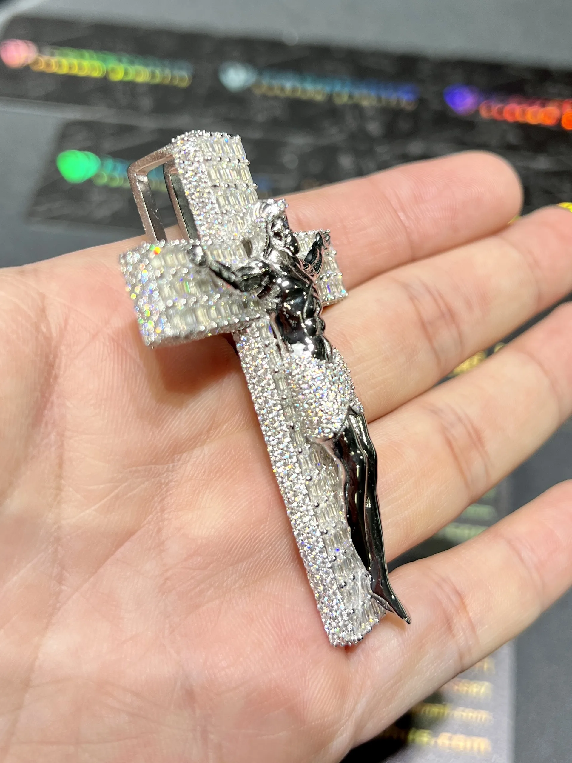 0092 Crucifixion of Jesus Cross Pendant White 925 silver with moissanite W-50mm,H-71mm D573819330 — view 6