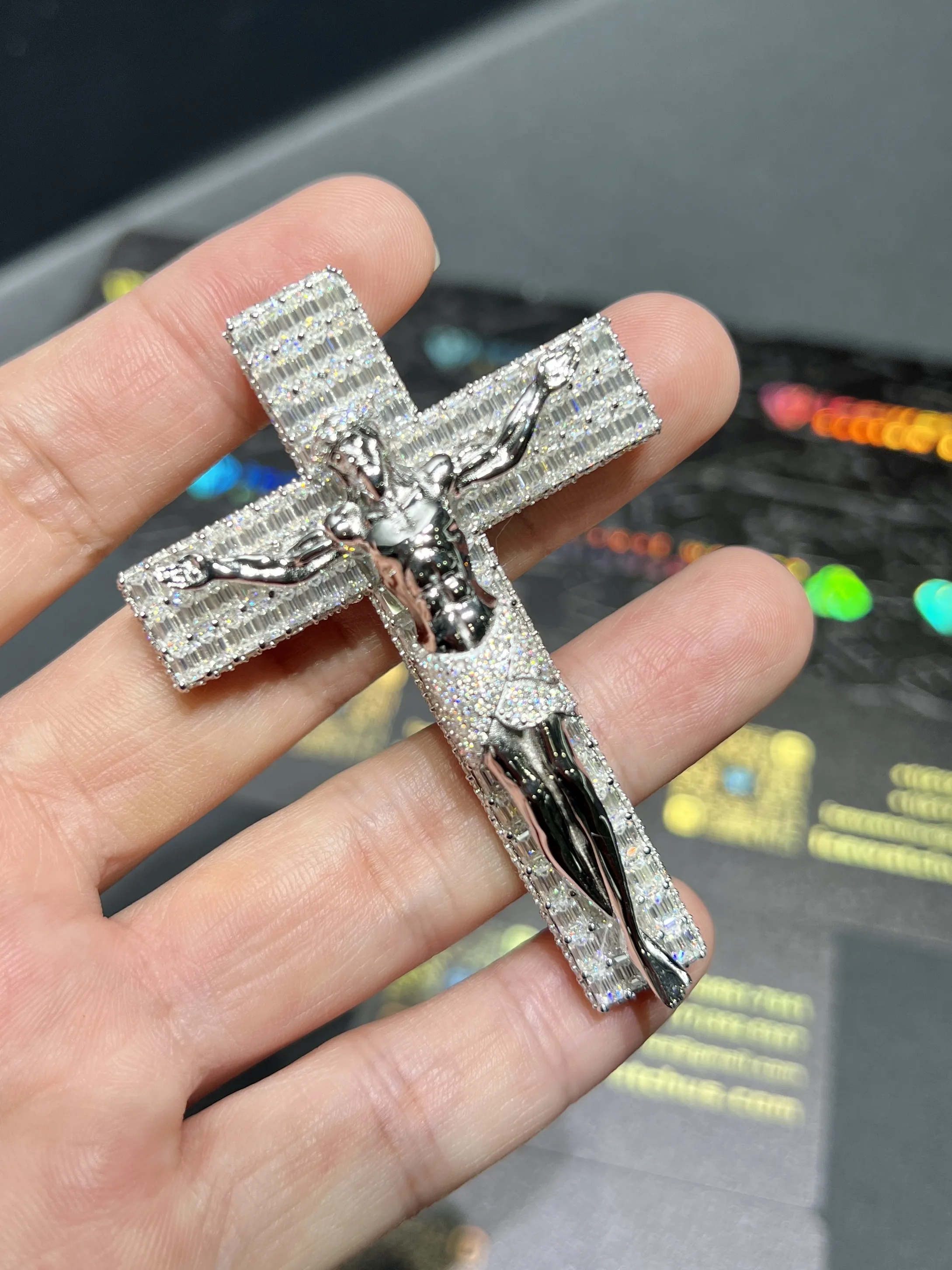0092 Crucifixion of Jesus Cross Pendant White 925 silver with moissanite W-50mm,H-71mm D573819330