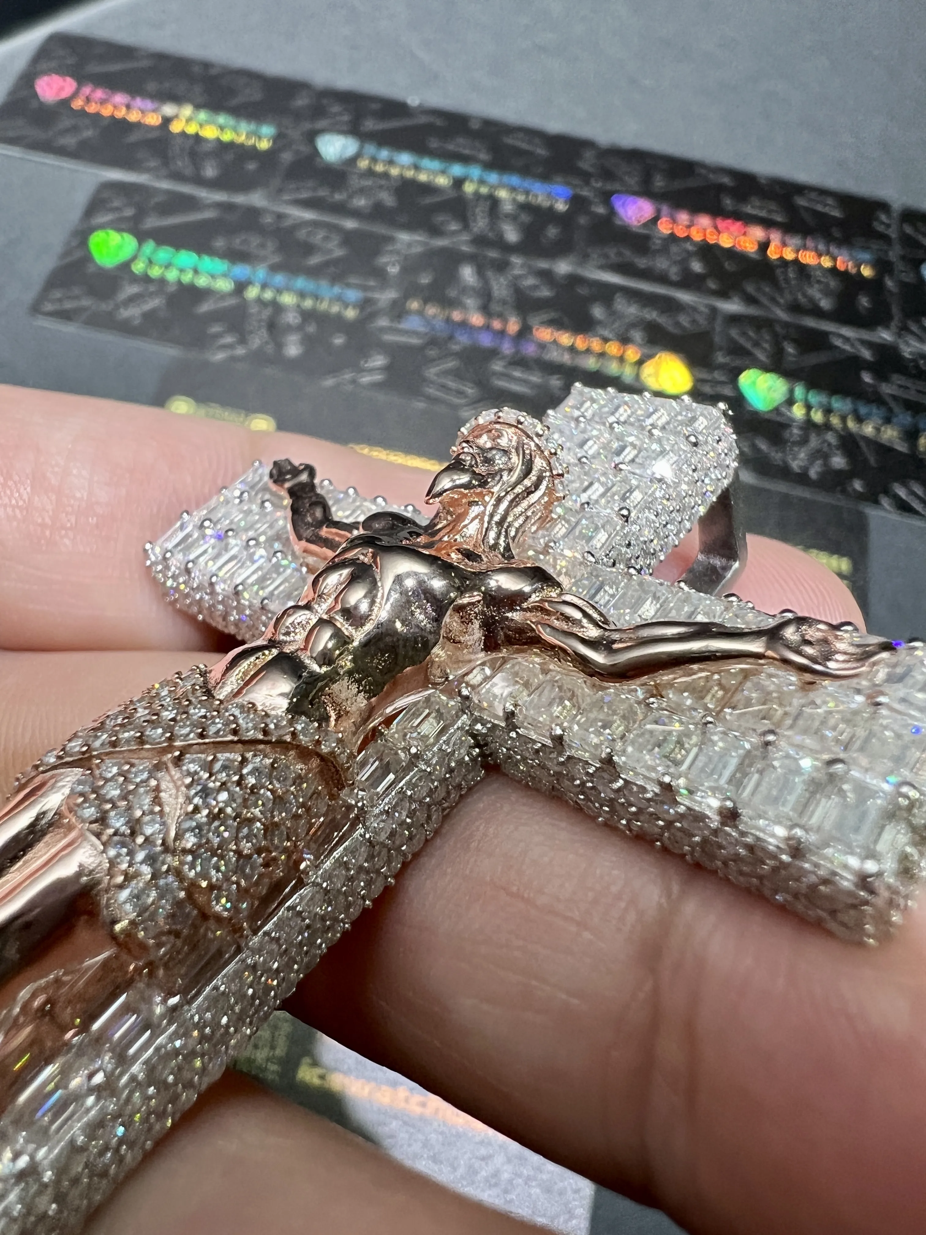 0093 Crucifixion of Jesus Cross Pendant 2 tone RoseGold & White 925 silver with moissanite W-50mm,H-71mm D594019331 — view 11