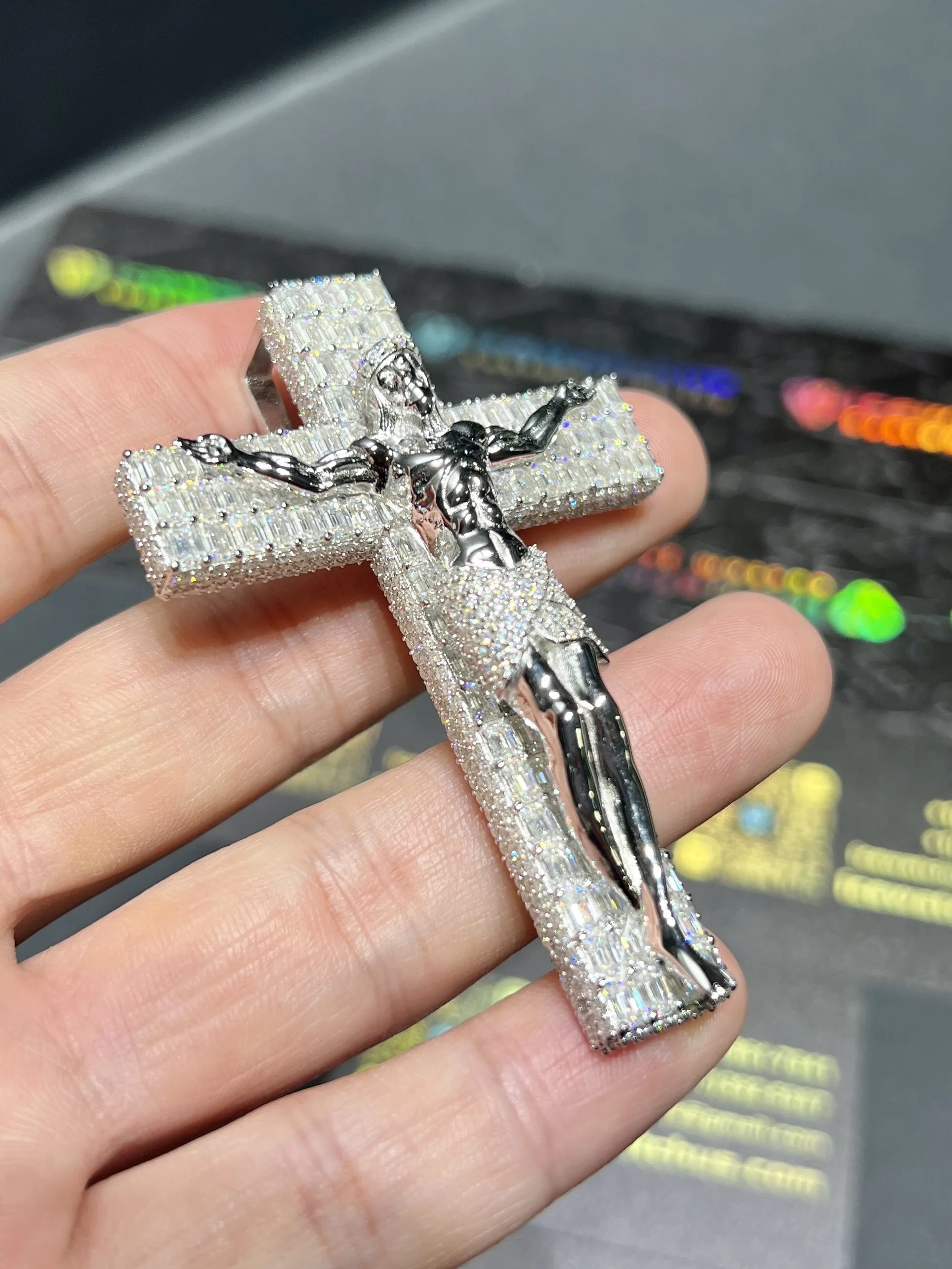 0092 Crucifixion of Jesus Cross Pendant White 925 silver with moissanite W-50mm,H-71mm D573819330 — view 2