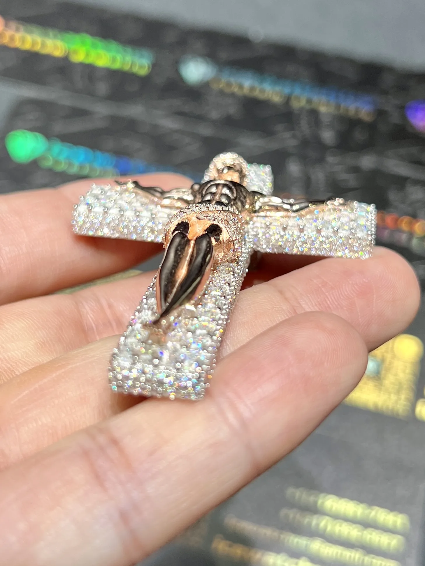 0093 Crucifixion of Jesus Cross Pendant 2 tone RoseGold & White 925 silver with moissanite W-50mm,H-71mm D594019331 — view 4