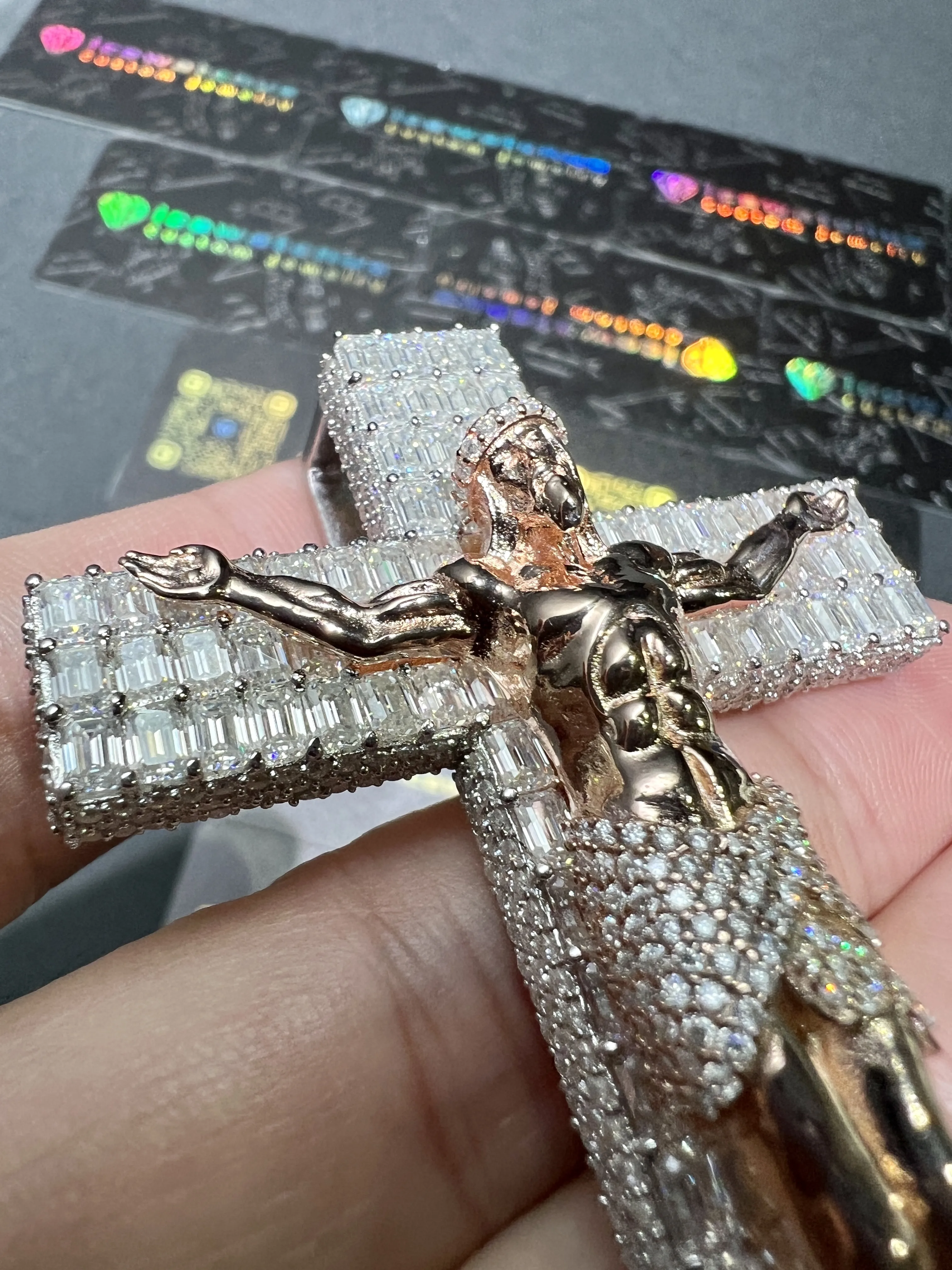 0093 Crucifixion of Jesus Cross Pendant 2 tone RoseGold & White 925 silver with moissanite W-50mm,H-71mm D594019331 — view 10