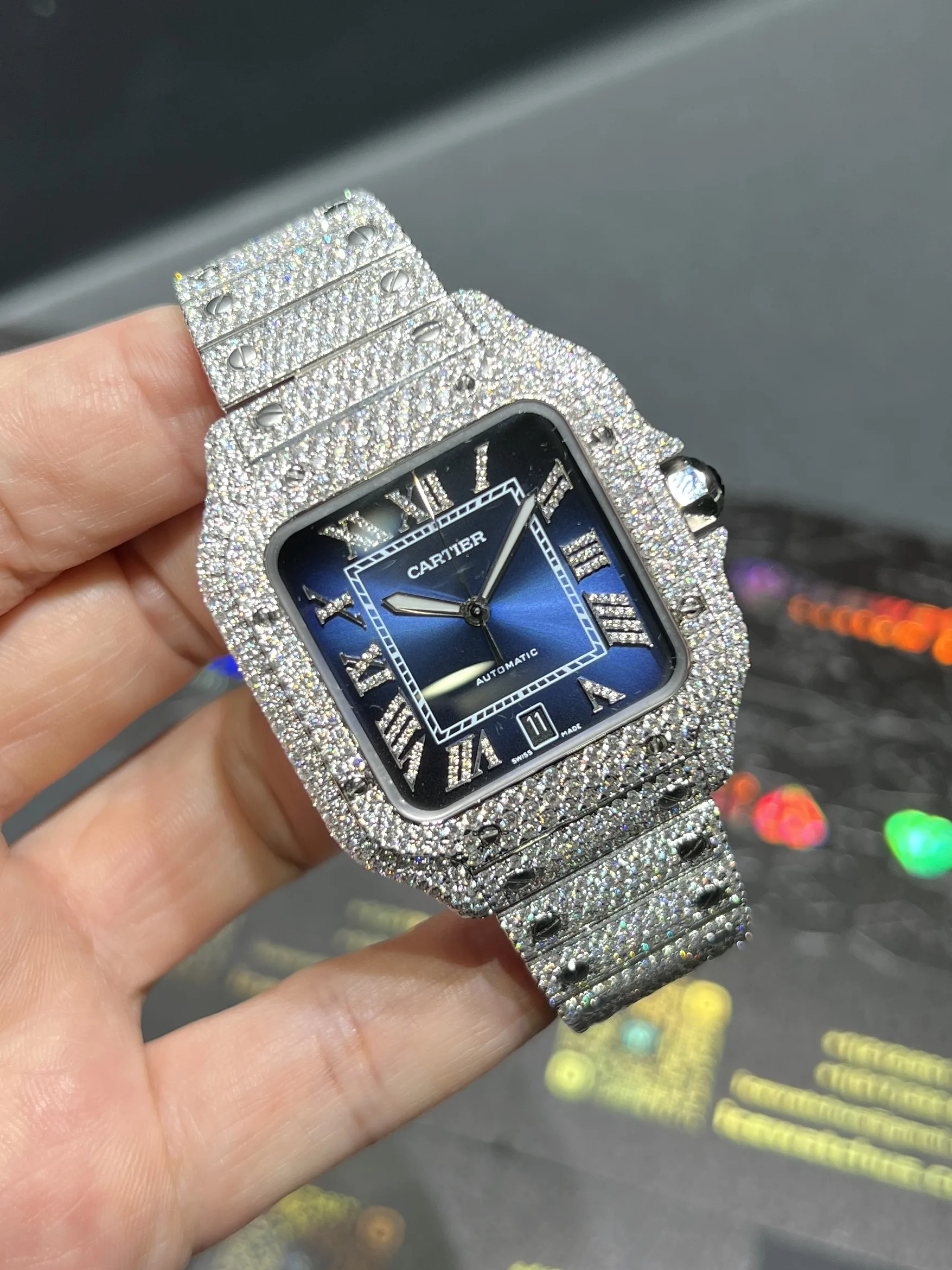 Santos de Cartier Icedout Watch with Blue Dial D1147519334 — view 2