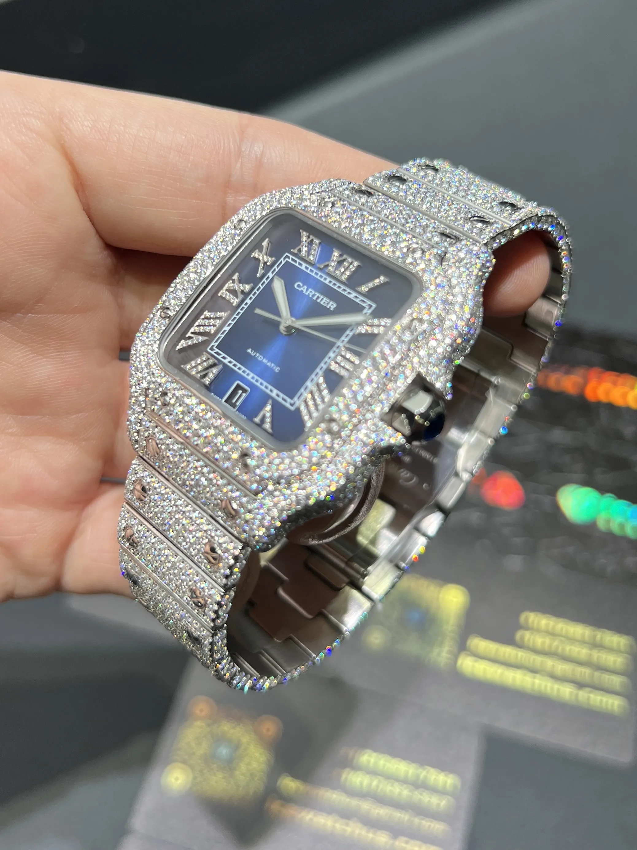 Santos de Cartier Icedout Watch with Blue Dial D1147519334 — view 6